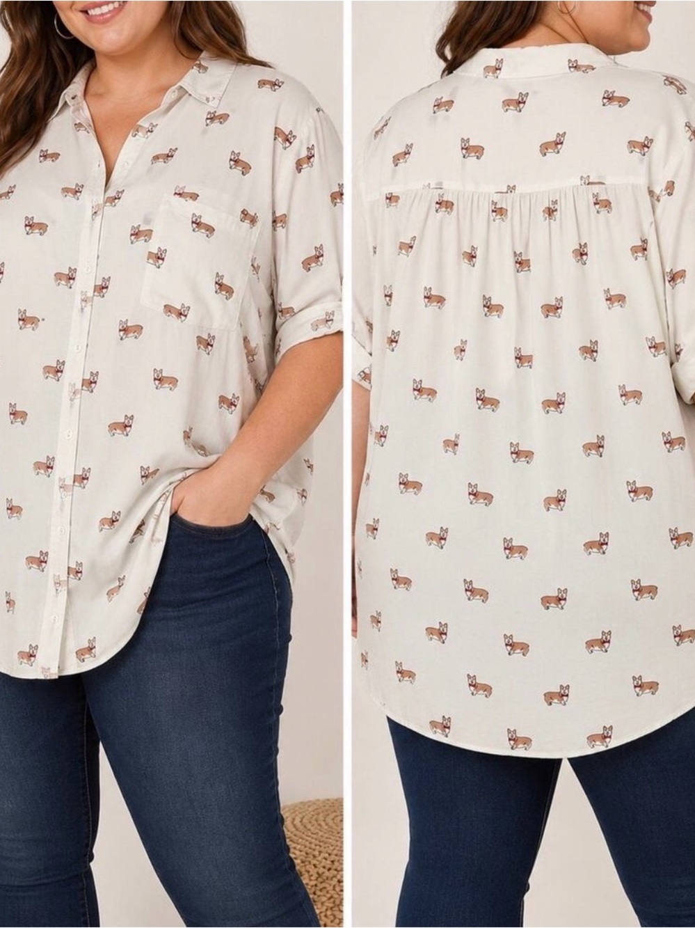 torrid white Button-up Blouse with Corgi Print short sleeve size 0